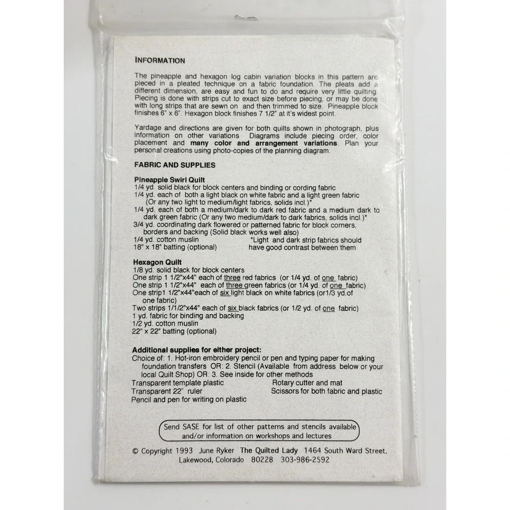 The Quilted Lady Quilt Pattern Unisex OS White Pineapple Hexagon Pleated 1993